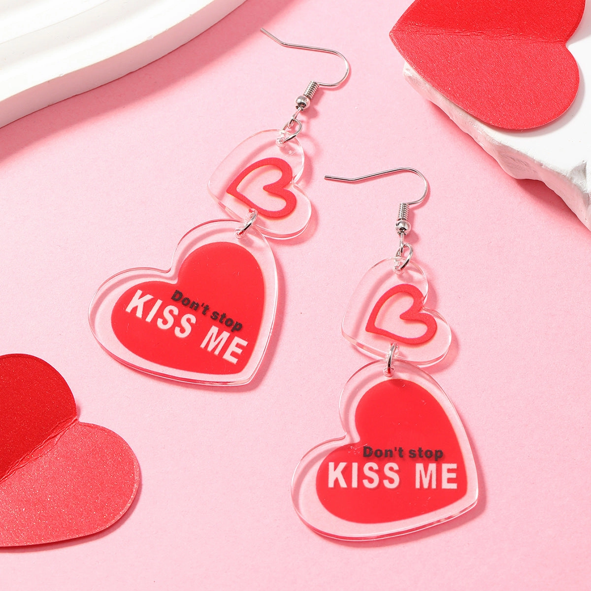 Wholesale Valentine's Day Girls Pink Printed Envelopes with Multiple Color Block Love Acrylic Earrings