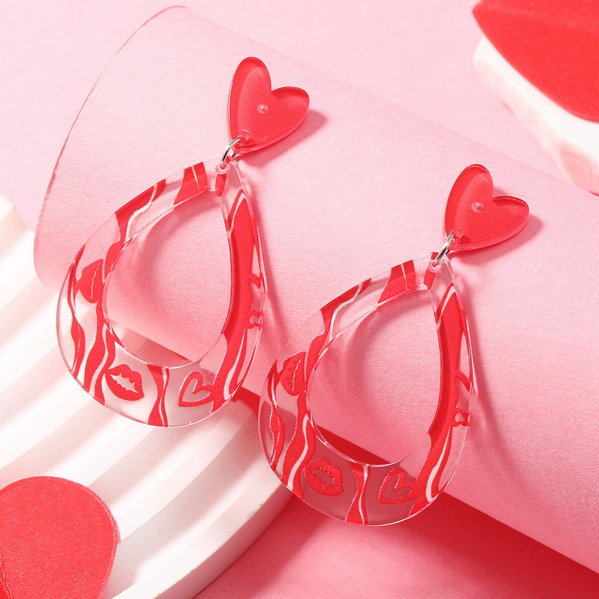 Wholesale Valentine's Day Girls Pink Printed Envelopes with Multiple Color Block Love Acrylic Earrings
