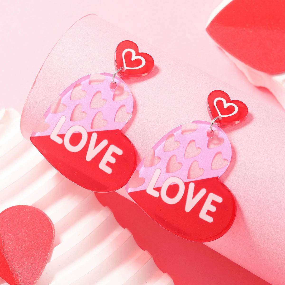 Wholesale Valentine's Day Girls Pink Printed Envelopes with Multiple Color Block Love Acrylic Earrings