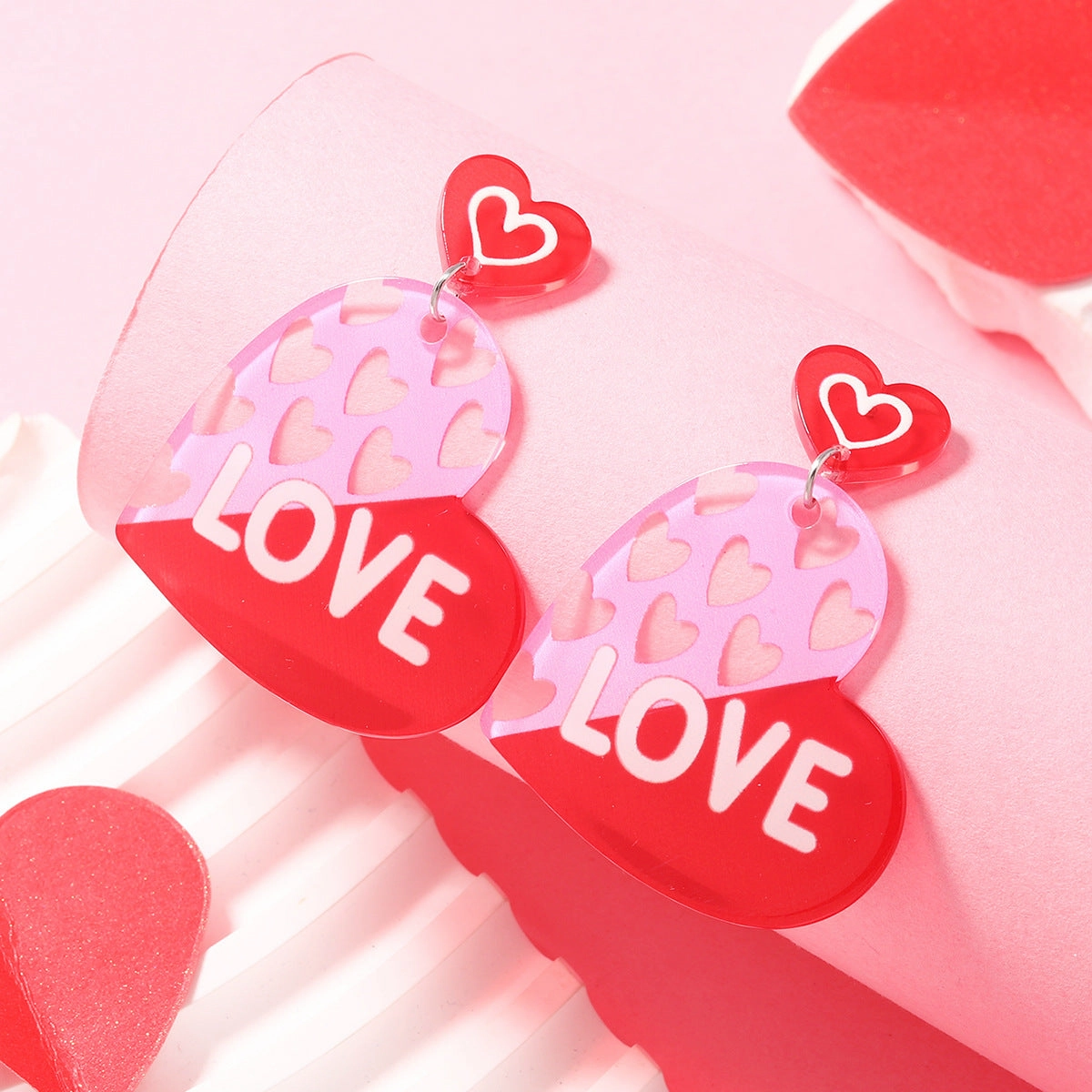 Wholesale Valentine's Day Girls Pink Printed Envelopes with Multiple Color Block Love Acrylic Earrings