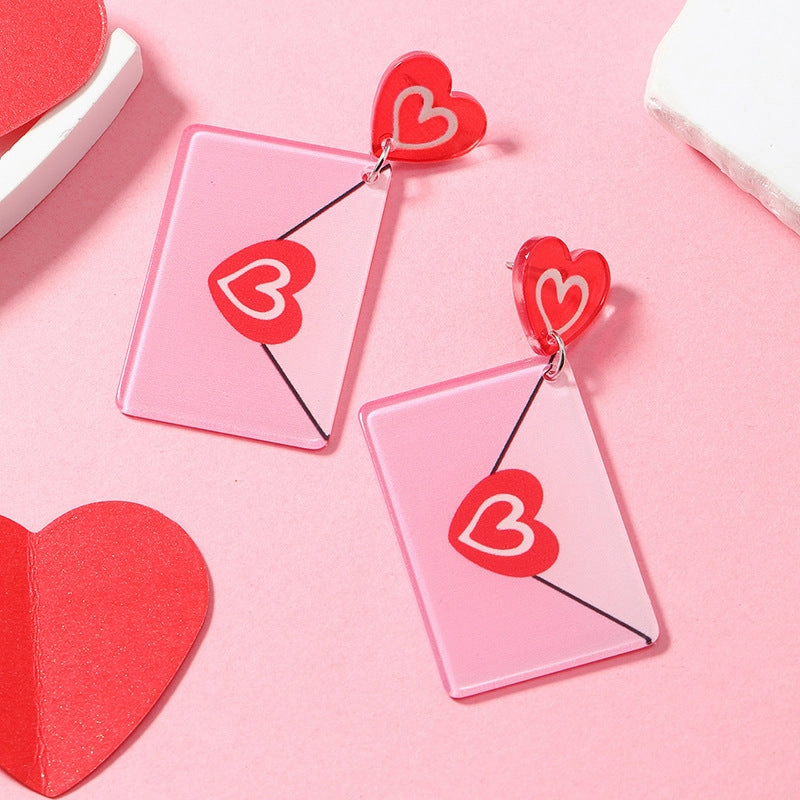 Wholesale Valentine's Day Girls Pink Printed Envelopes with Multiple Color Block Love Acrylic Earrings