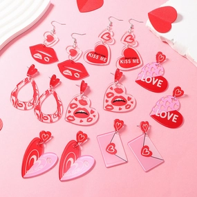 Wholesale Valentine's Day Girls Pink Printed Envelopes with Multiple Color Block Love Acrylic Earrings
