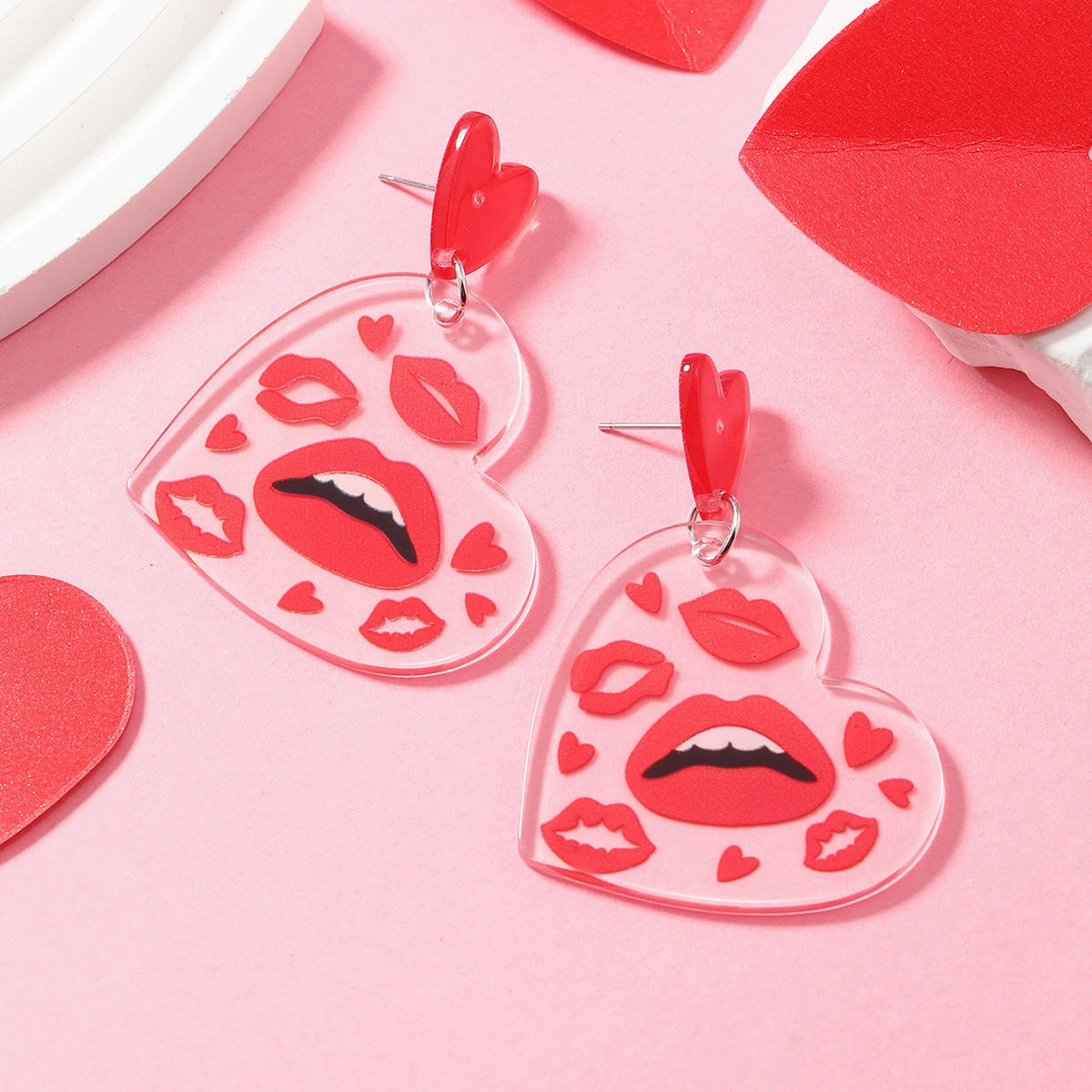 Wholesale Valentine's Day Girls Pink Printed Envelopes with Multiple Color Block Love Acrylic Earrings