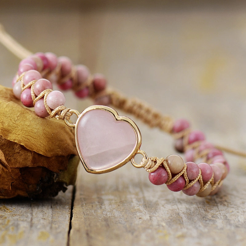 Wholesale Valentine's Day Heart Double Layer Natural Stone Handwoven Adjustable Bracelet