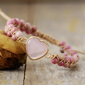 Wholesale Valentine's Day Heart Double Layer Natural Stone Handwoven Adjustable Bracelet