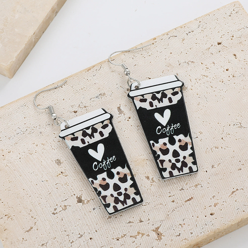 Wholesale Valentine's Day Leopard Pattern Love Acrylic Coffee Cup Earrings