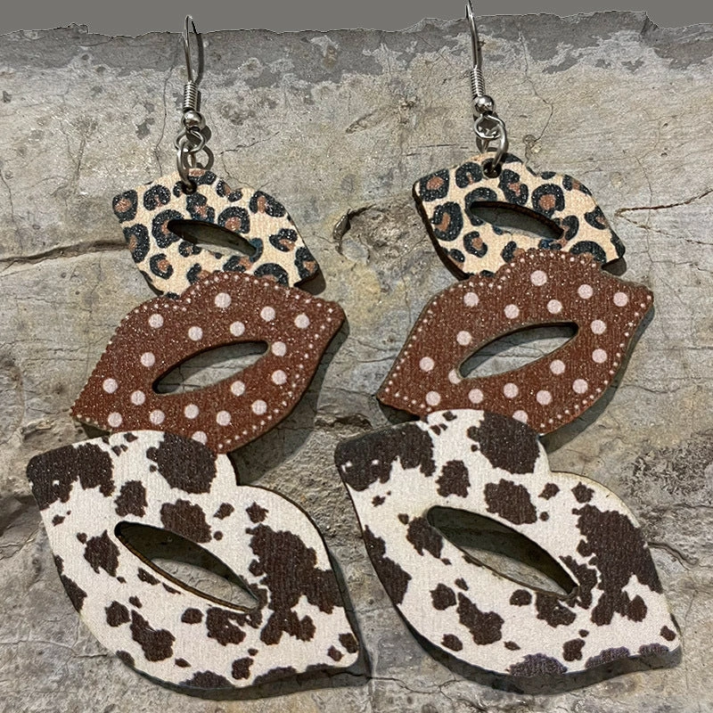 Wholesale Valentine's Day Lip Colorblock Western Cowboy Boots Leopard Print Earrings