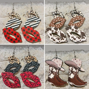 Wholesale Valentine's Day Lip Colorblock Western Cowboy Boots Leopard Print Earrings