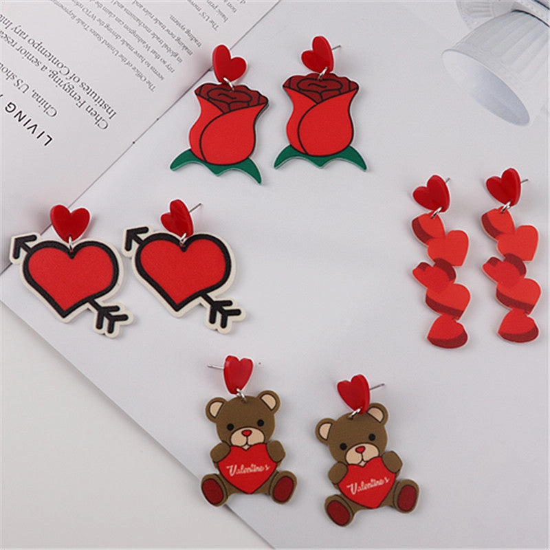 Wholesale Valentine's Day Love Bear Rose Flower Heart Shape Acrylic Earrings