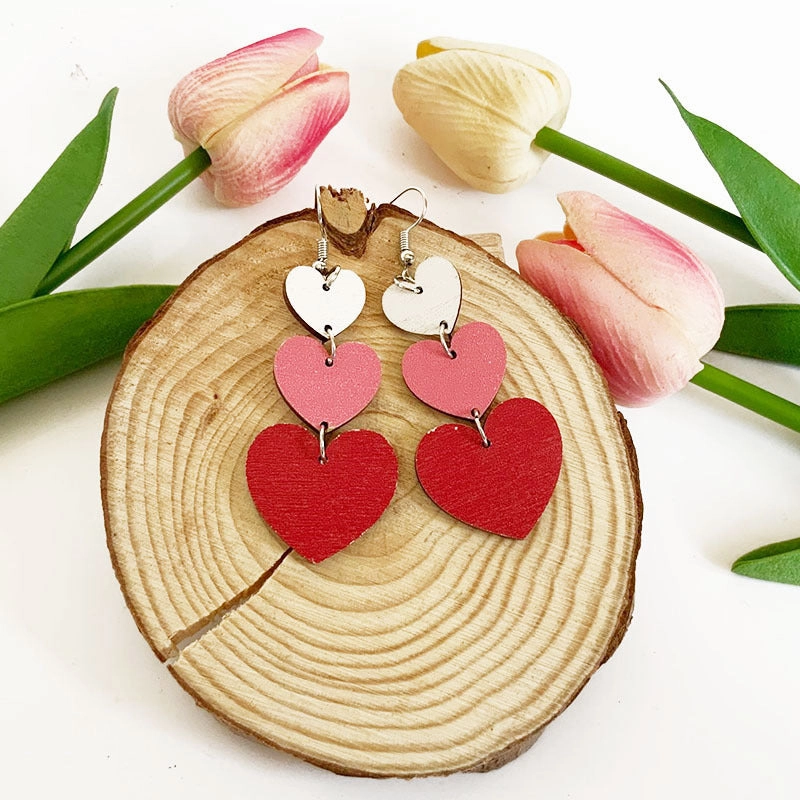 Wholesale Valentine's Day Love Double Sided Three Layer Wood Minimalist Earrings