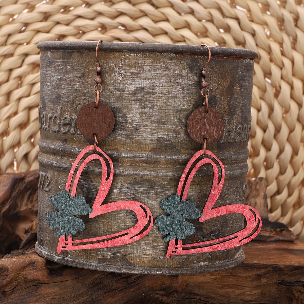 Wholesale Valentine's Day Love Hollow Four Leaf Grass Wooden Earrings