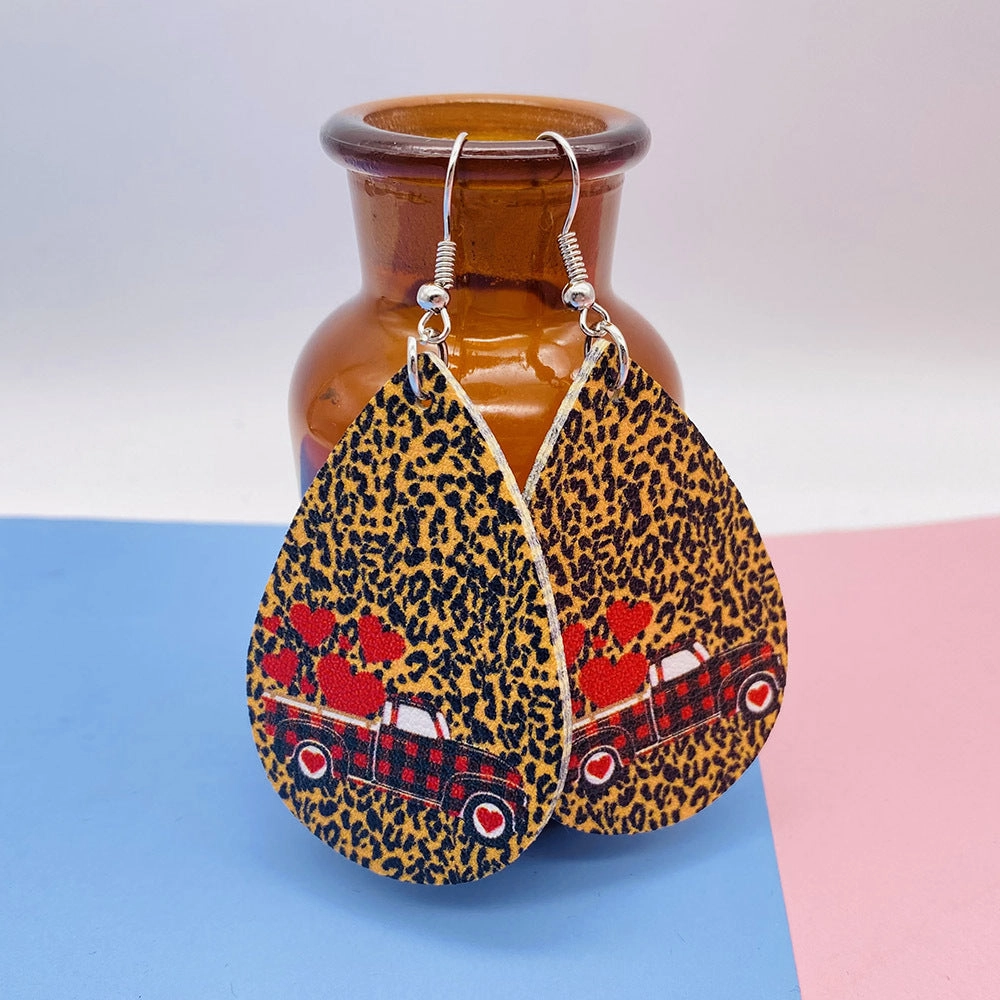 Wholesale Valentine's Day Love Leopard Pattern Double Sided Printed Leather Earrings