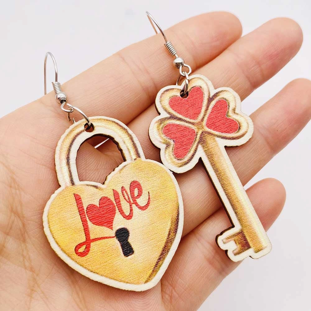 Wholesale Valentine's Day Love Lock Key Wooden Earrings