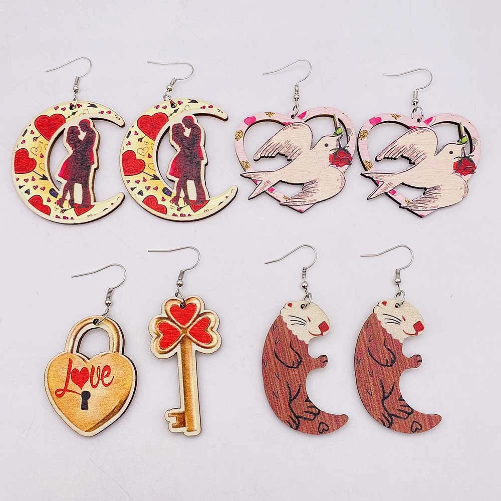 Wholesale Valentine's Day Love Lock Key Wooden Earrings
