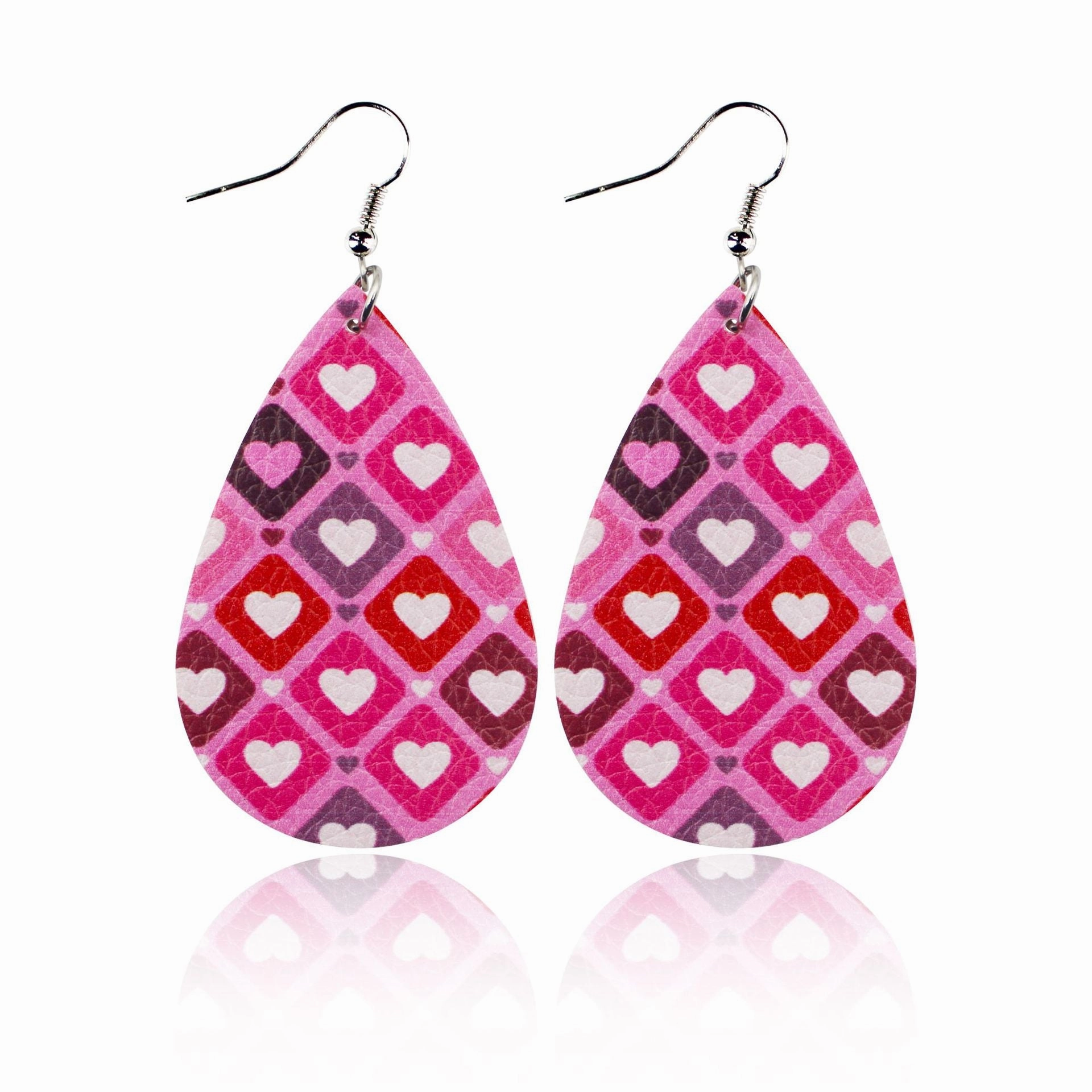Wholesale Valentine's Day Love Romantic Polka Dot Stripe Printed Water Drop Leather Earrings