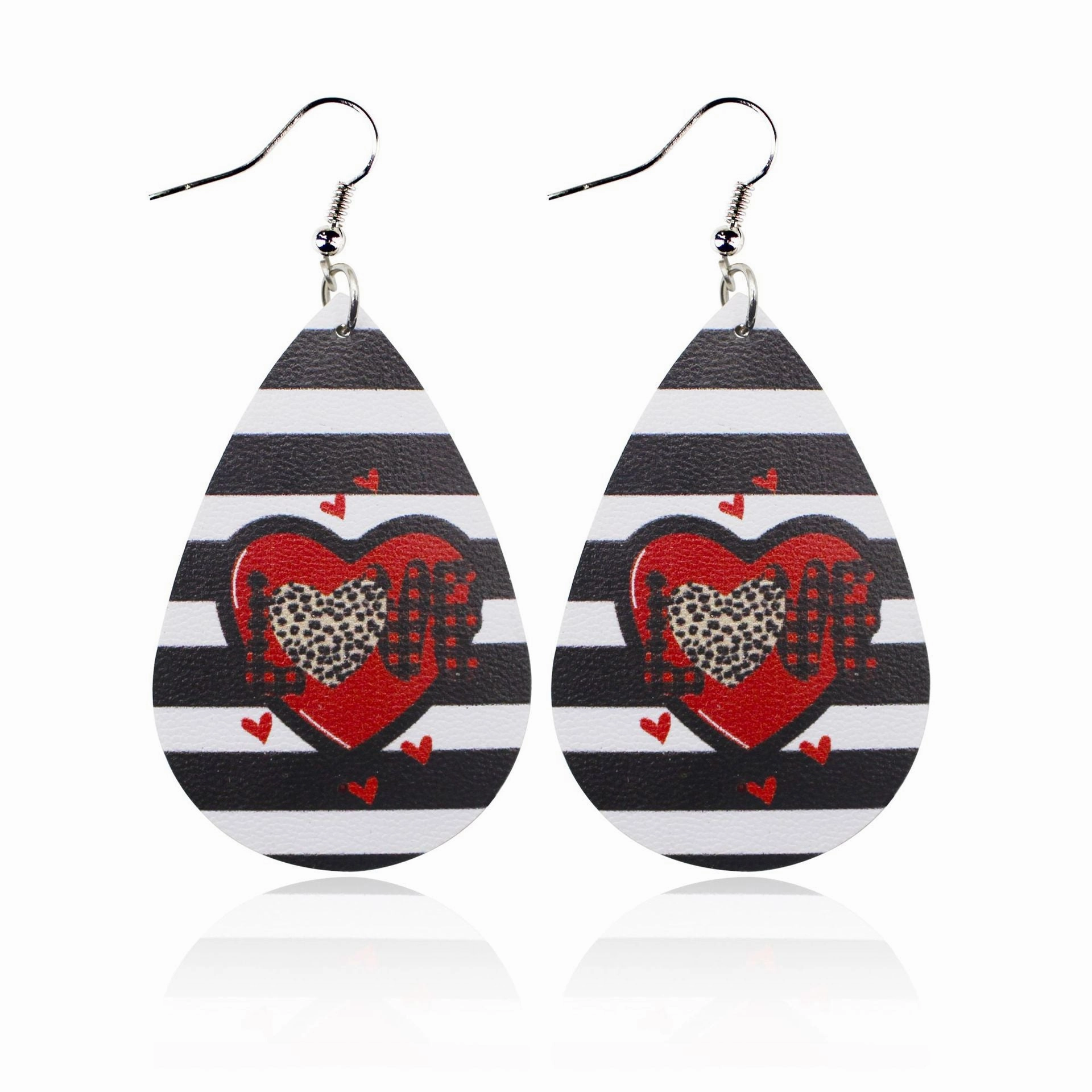 Wholesale Valentine's Day Love Romantic Polka Dot Stripe Printed Water Drop Leather Earrings