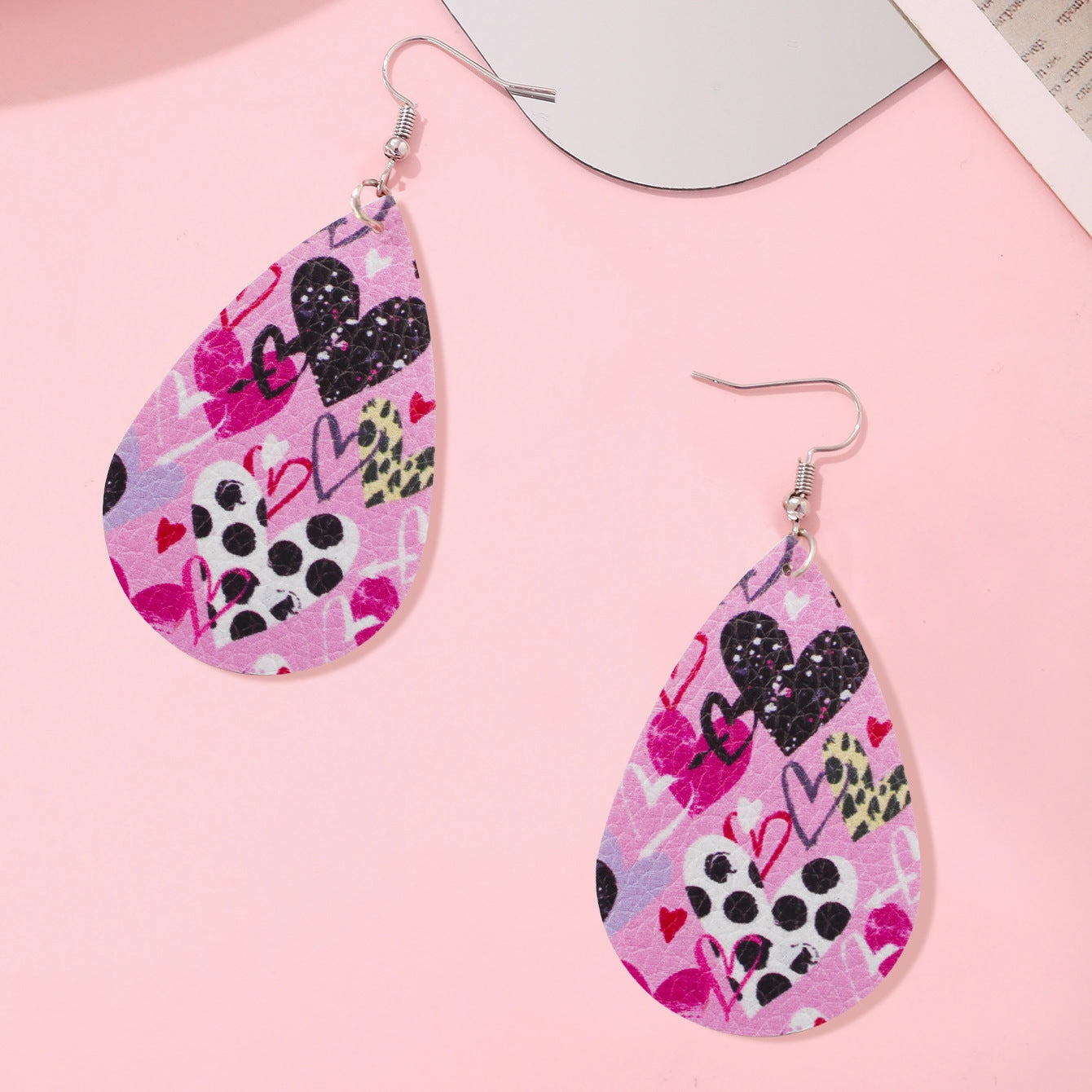 Wholesale Valentine's Day Love Romantic Polka Dot Stripe Printed Water Drop Leather Earrings