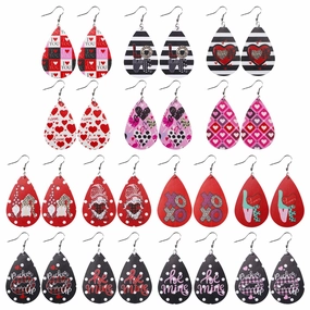 Wholesale Valentine's Day Love Romantic Polka Dot Stripe Printed Water Drop Leather Earrings