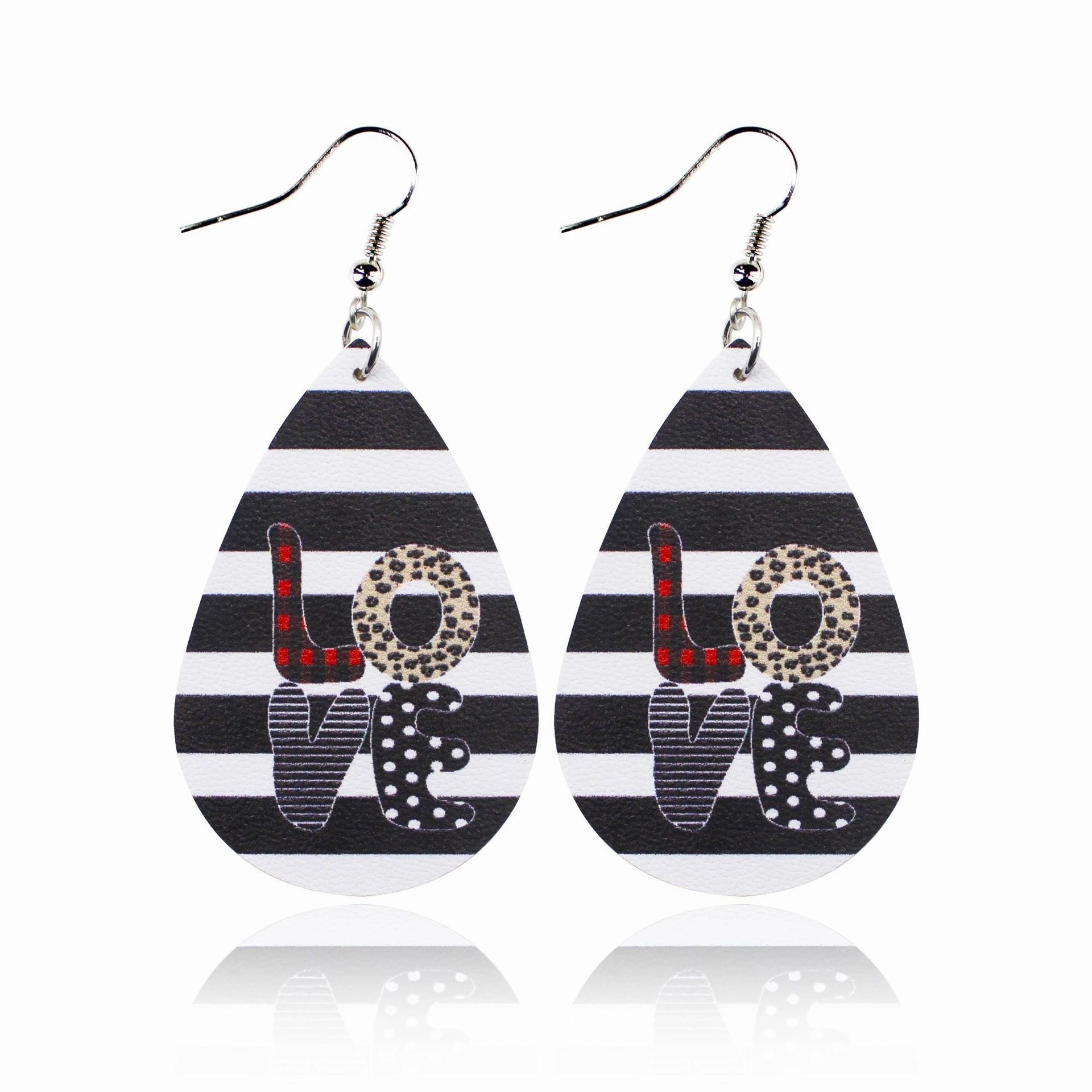 Wholesale Valentine's Day Love Romantic Polka Dot Stripe Printed Water Drop Leather Earrings
