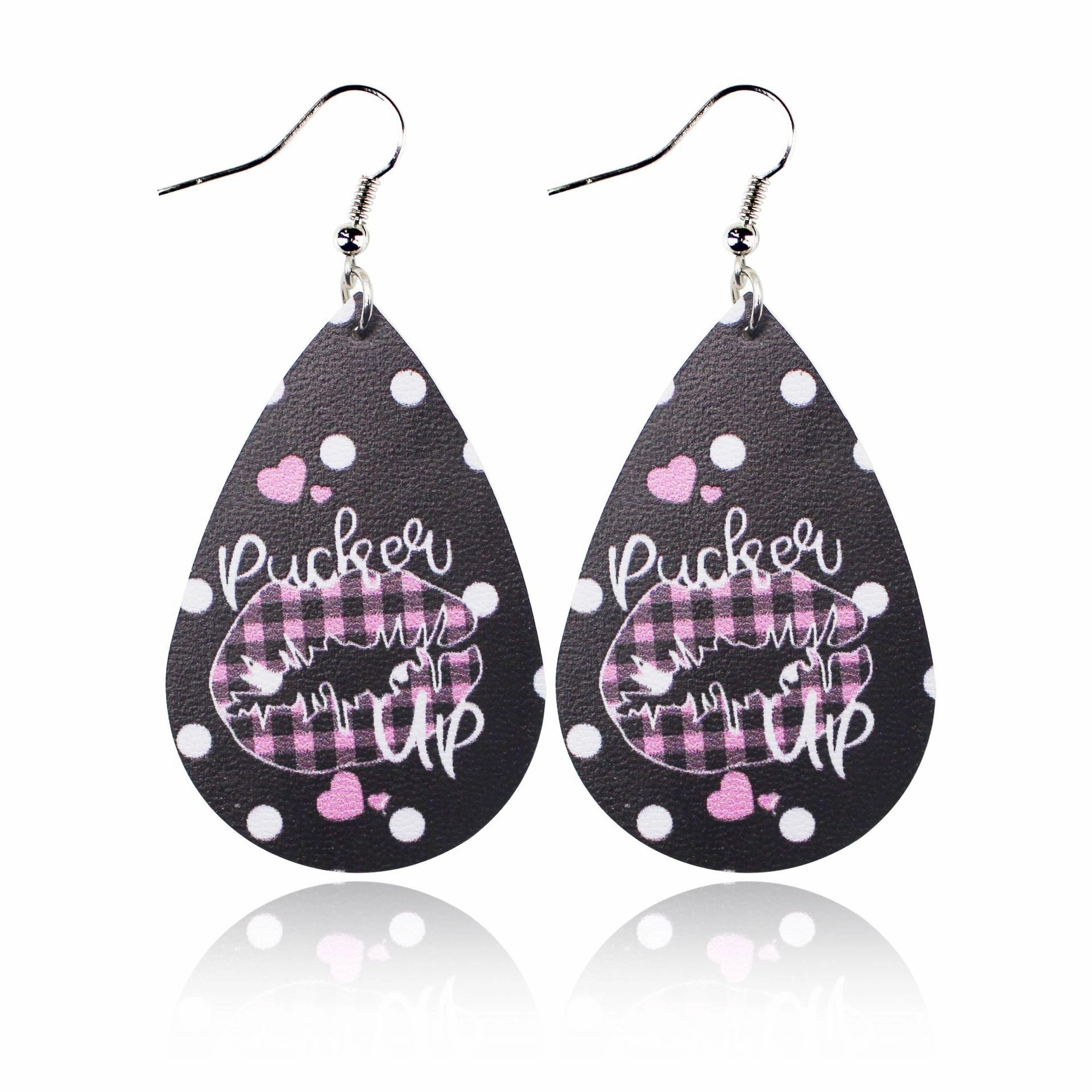 Wholesale Valentine's Day Love Romantic Polka Dot Stripe Printed Water Drop Leather Earrings