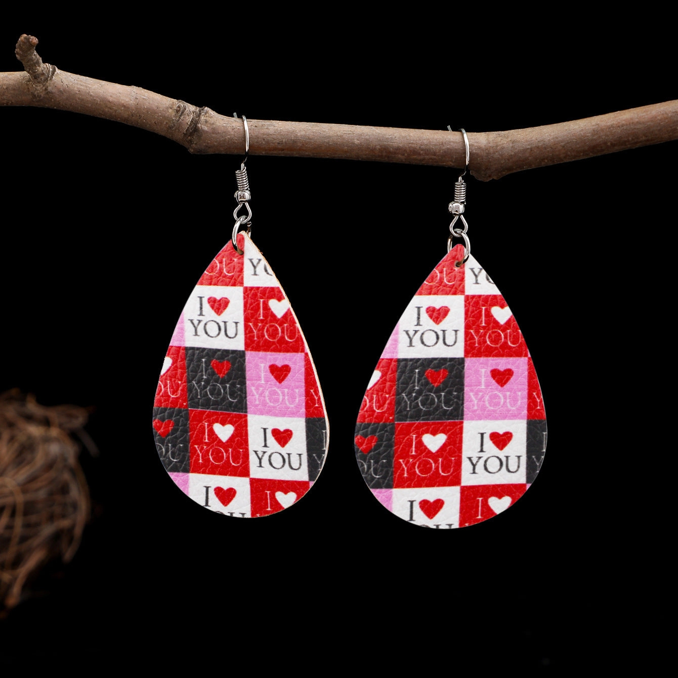 Wholesale Valentine's Day Love Romantic Polka Dot Stripe Printed Water Drop Leather Earrings