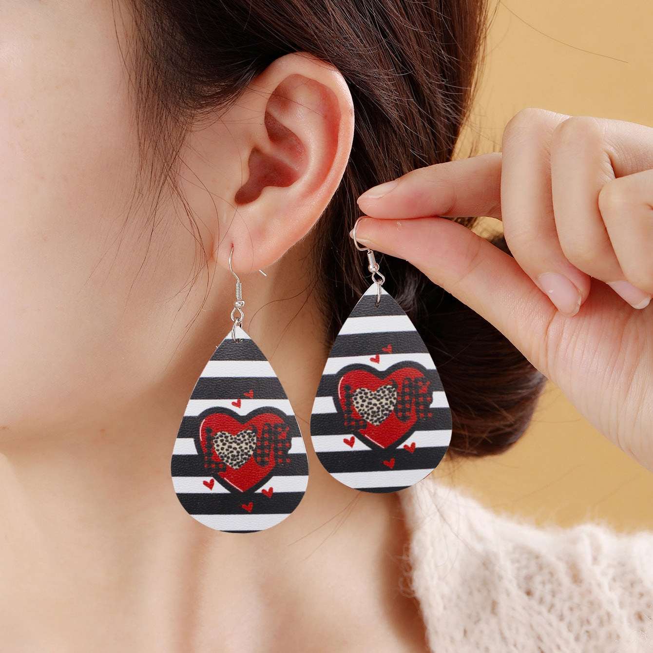 Wholesale Valentine's Day Love Romantic Polka Dot Stripe Printed Water Drop Leather Earrings