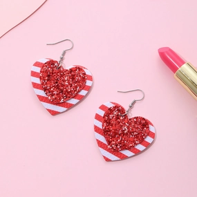 Wholesale Valentine's Day Love Shaped Red and White Striped Sequins Glitter Leather Earrings