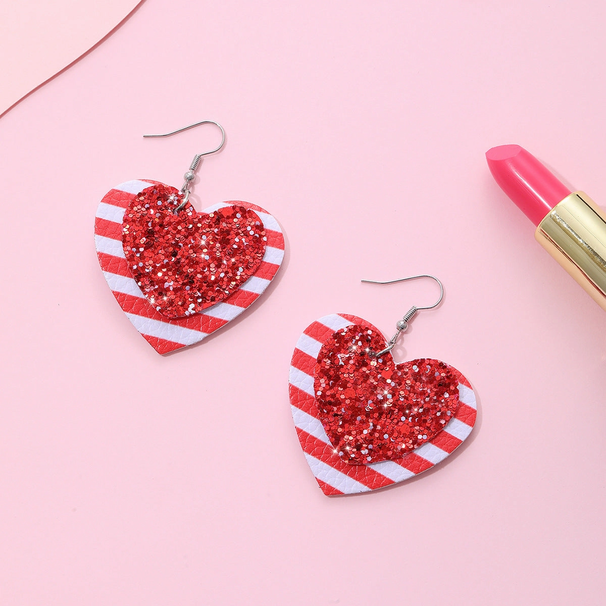 Wholesale Valentine's Day Love Shaped Red and White Striped Sequins Glitter Leather Earrings