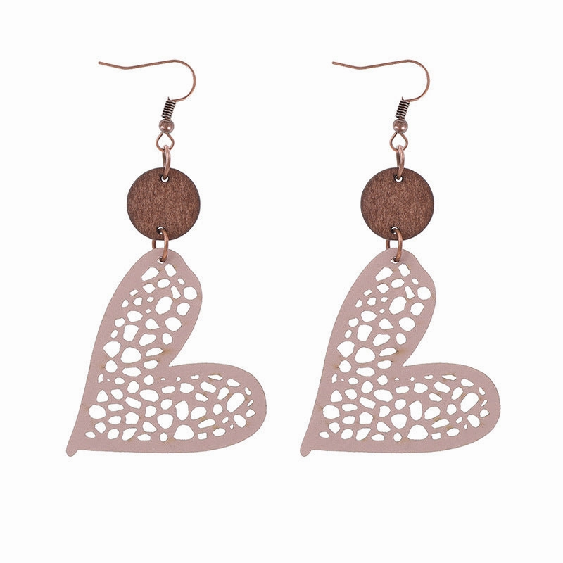 Wholesale Valentine's Day Love Wood Chip Hollow Mesh Leather Earrings