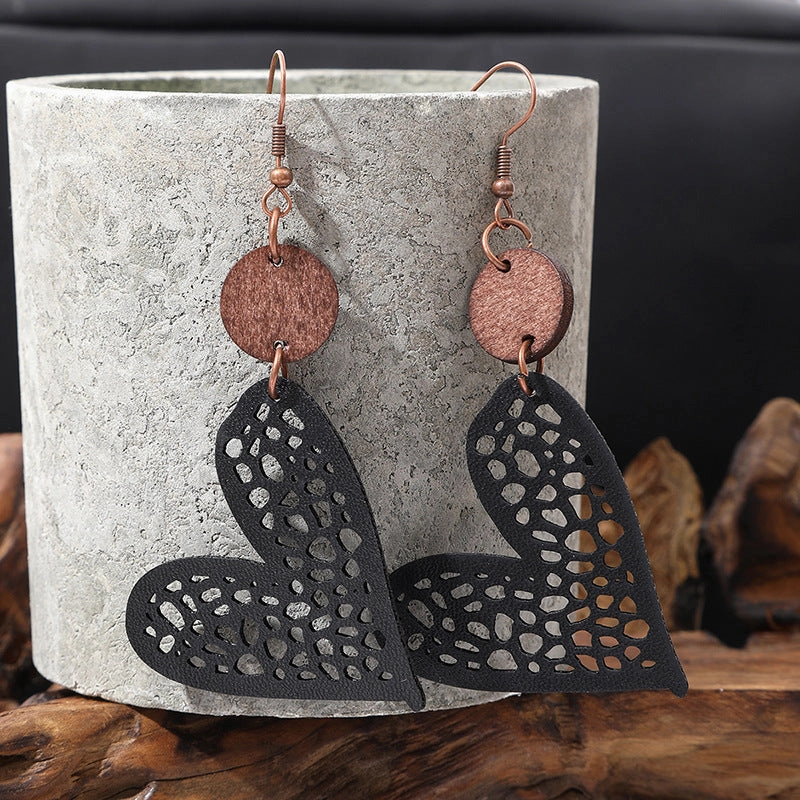 Wholesale Valentine's Day Love Wood Chip Hollow Mesh Leather Earrings