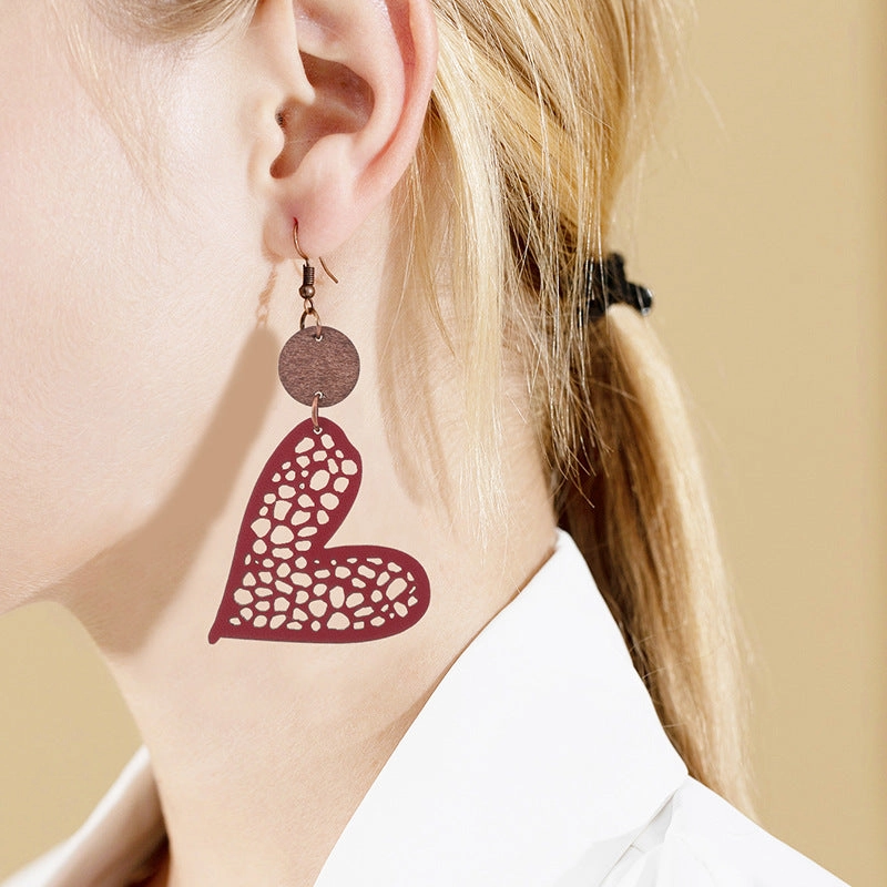 Wholesale Valentine's Day Love Wood Chip Hollow Mesh Leather Earrings