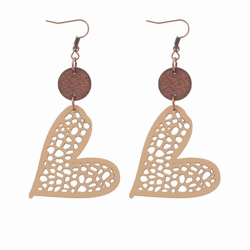 Wholesale Valentine's Day Love Wood Chip Hollow Mesh Leather Earrings