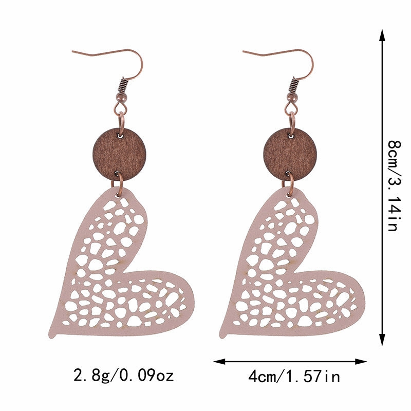 Wholesale Valentine's Day Love Wood Chip Hollow Mesh Leather Earrings