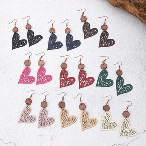 Wholesale Valentine's Day Love Wood Chip Hollow Mesh Leather Earrings