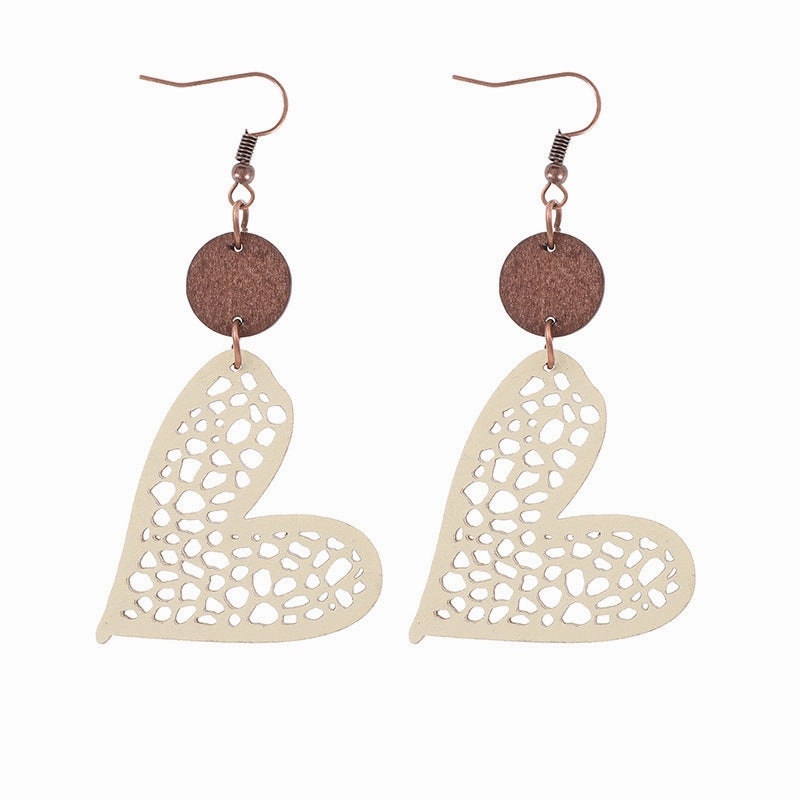 Wholesale Valentine's Day Love Wood Chip Hollow Mesh Leather Earrings