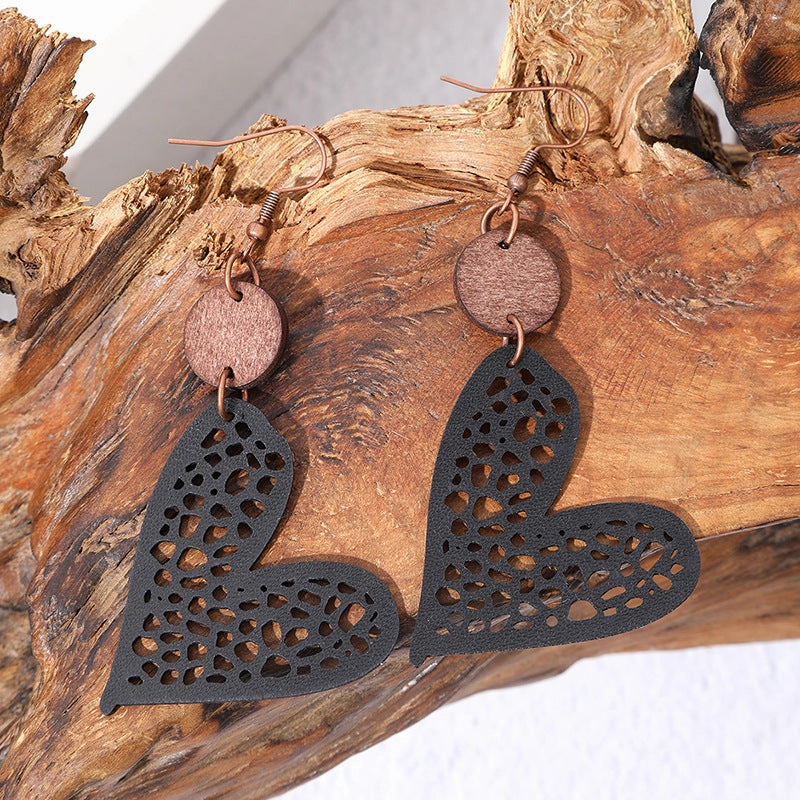 Wholesale Valentine's Day Love Wood Chip Hollow Mesh Leather Earrings
