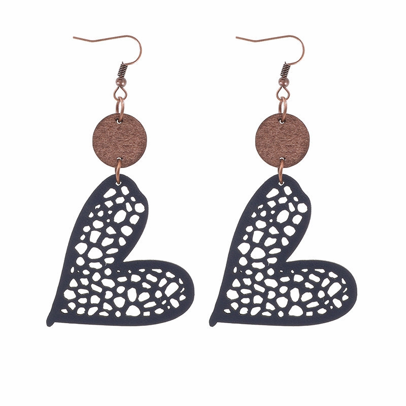 Wholesale Valentine's Day Love Wood Chip Hollow Mesh Leather Earrings