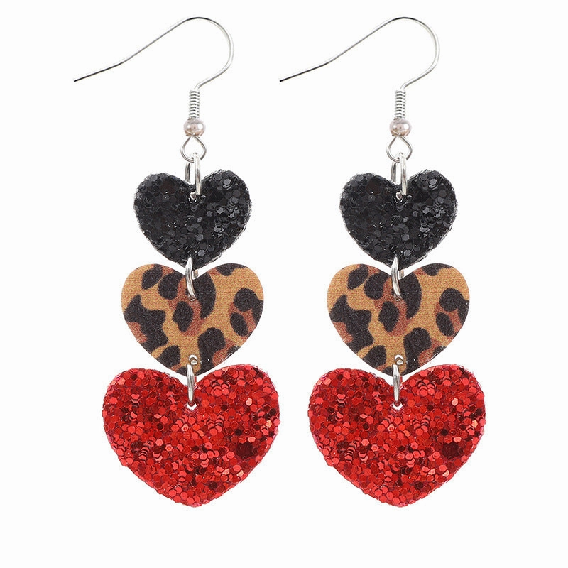Wholesale Valentine's Day Multi-layer Love Leopard Print Sequin Plaid Leather Earrings