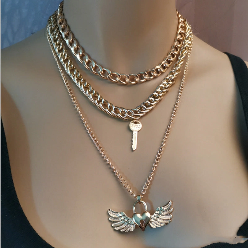 Wholesale Valentine's Day Multi-layer LOVE Wing Peach Heart Lock Alloy Necklace
