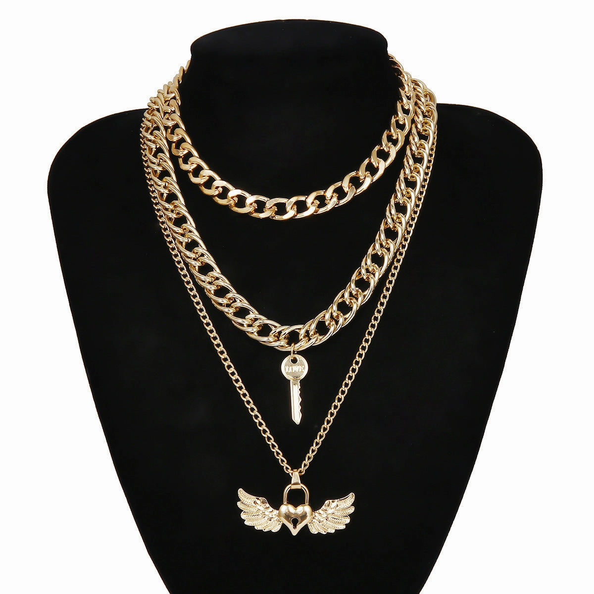 Wholesale Valentine's Day Multi-layer LOVE Wing Peach Heart Lock Alloy Necklace