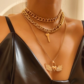 Wholesale Valentine's Day Multi-layer LOVE Wing Peach Heart Lock Alloy Necklace