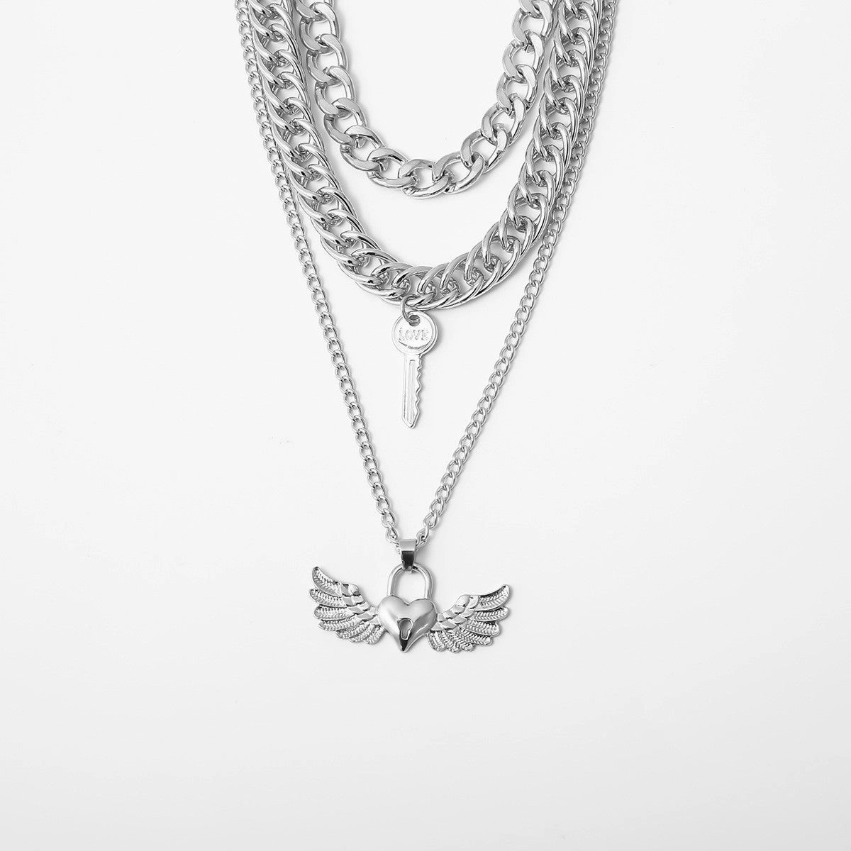 Wholesale Valentine's Day Multi-layer LOVE Wing Peach Heart Lock Alloy Necklace