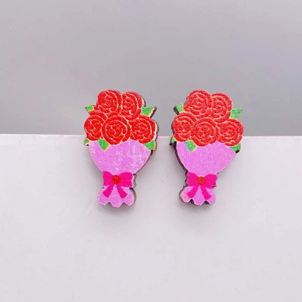 Wholesale Valentine's Day Pink Envelope Dwarf Rose Wooden Earrings
