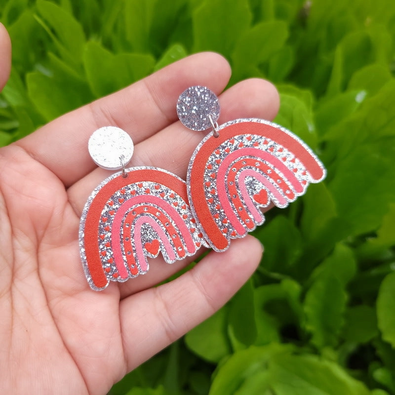 Wholesale Valentine's Day Pink Leopard Glitter Love Boots Rainbow Earrings