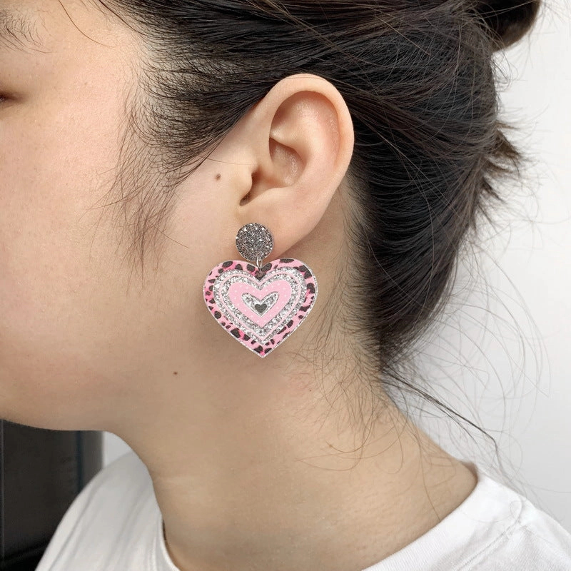 Wholesale Valentine's Day Pink Leopard Glitter Love Boots Rainbow Earrings