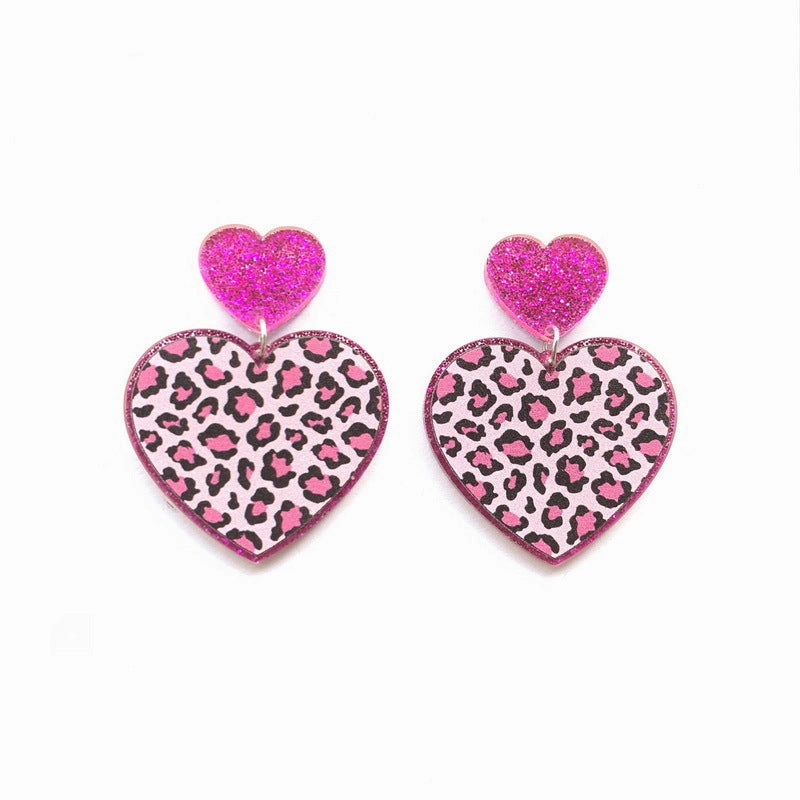 Wholesale Valentine's Day Pink Leopard Glitter Love Boots Rainbow Earrings