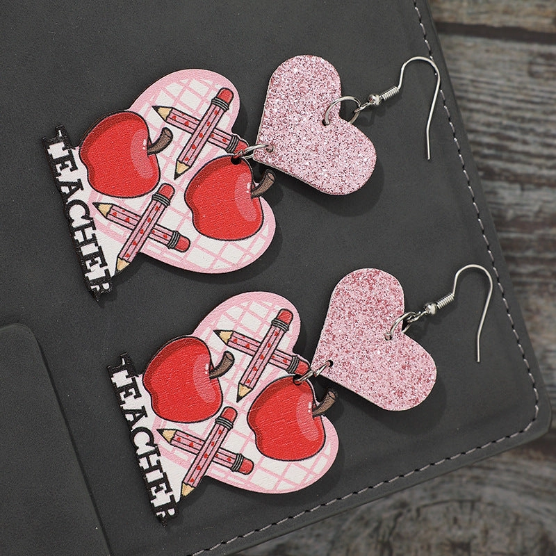 Wholesale Valentine's Day Pink Love Apple Pencil Leather Earrings