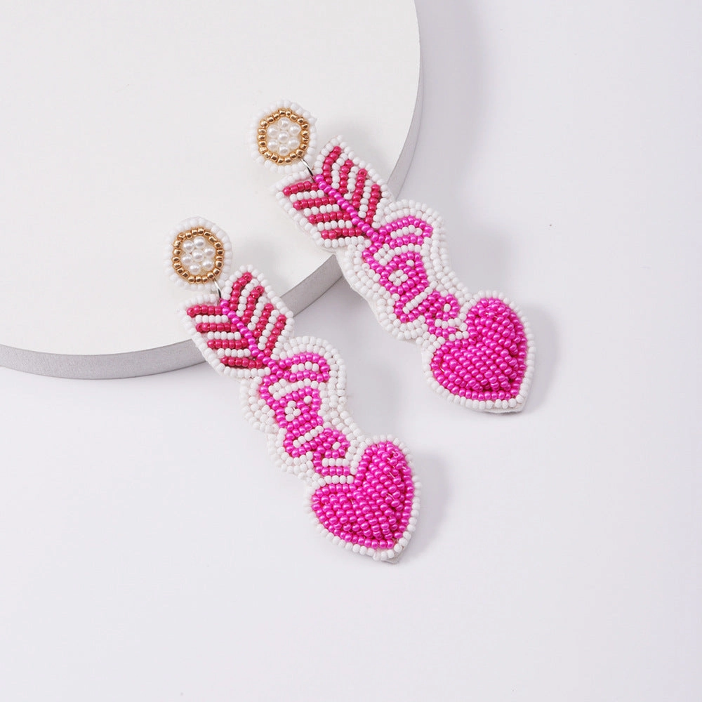 Wholesale Valentine's Day Pink Rice Pearl Knitted Love LOVE Earrings