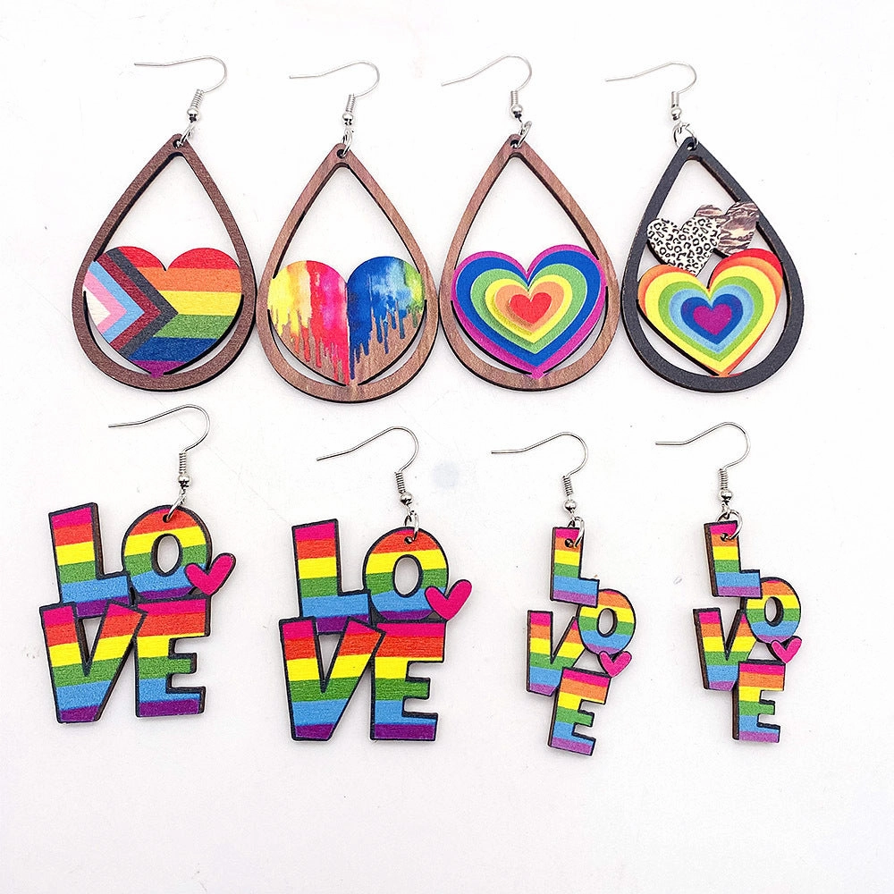 Wholesale Valentine's Day Rainbow LOVE LGBT Wooden Earrings