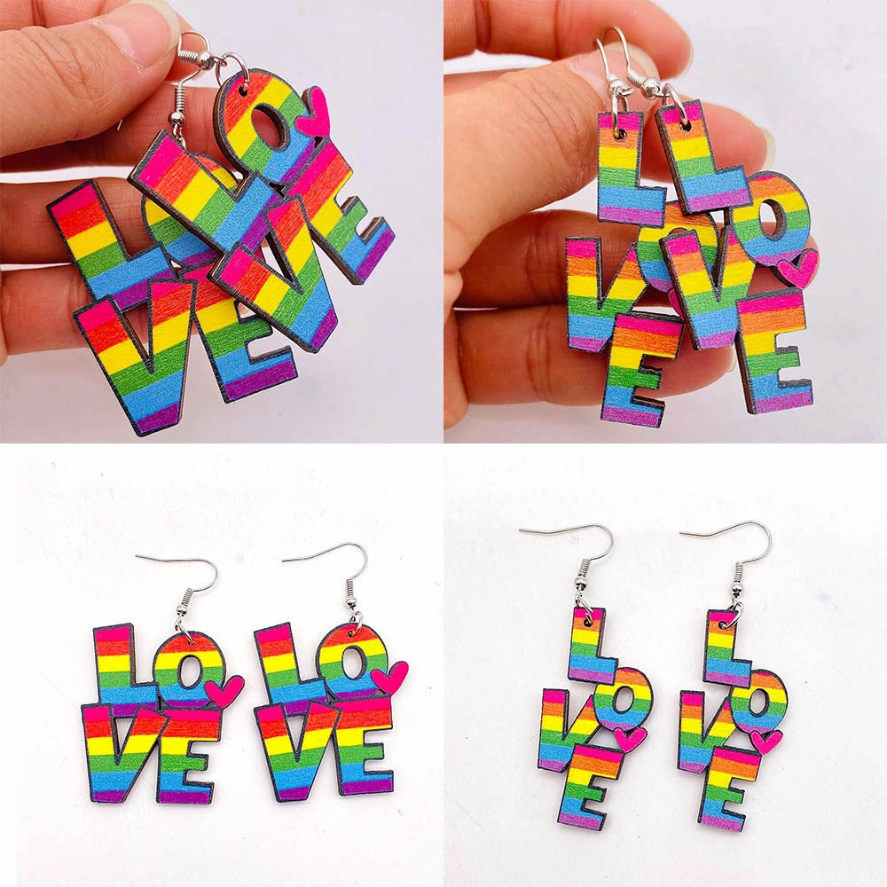 Wholesale Valentine's Day Rainbow LOVE LGBT Wooden Earrings